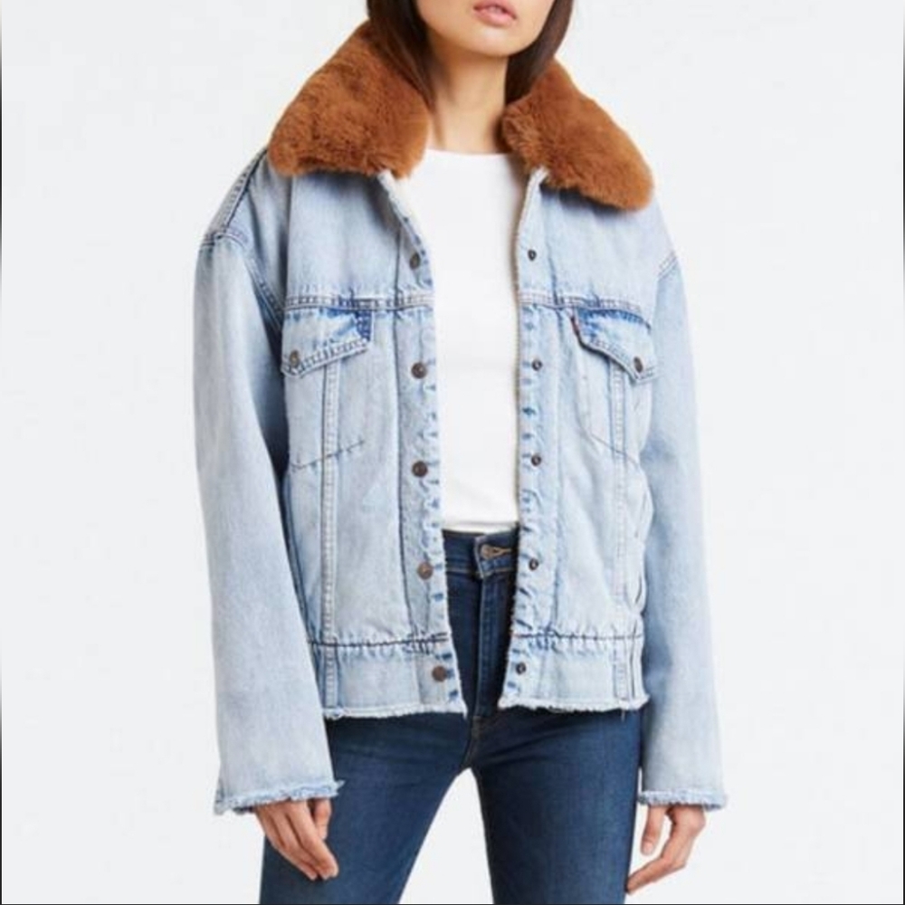 Levi's "Killing me softly" removable fur collar distressed sherpa jean jacket S - Picture 2 of 11